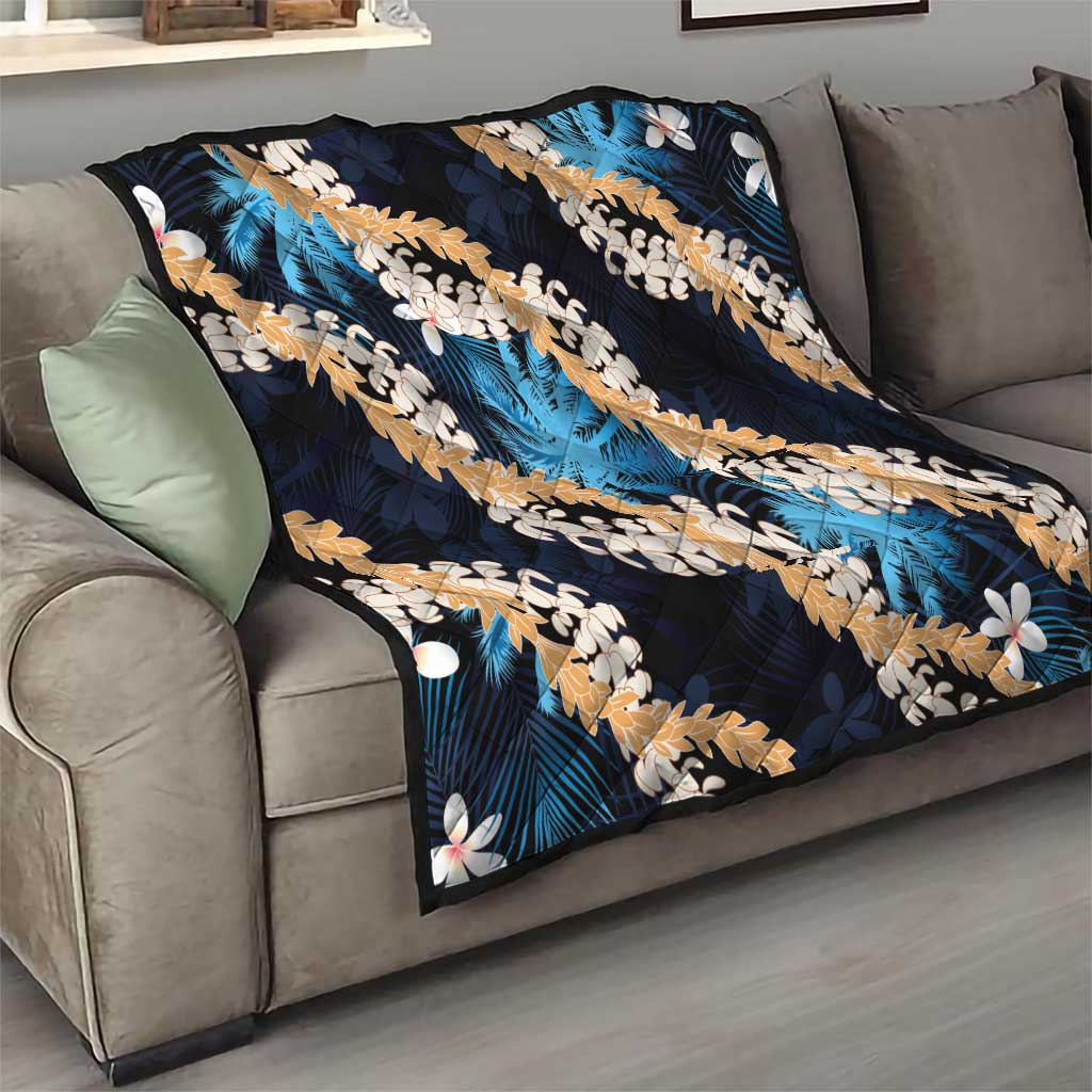 Puakenikeni Maile Lei Quilt Frangipani Blue Tropical Leaves LT01 - Polynesian Pride