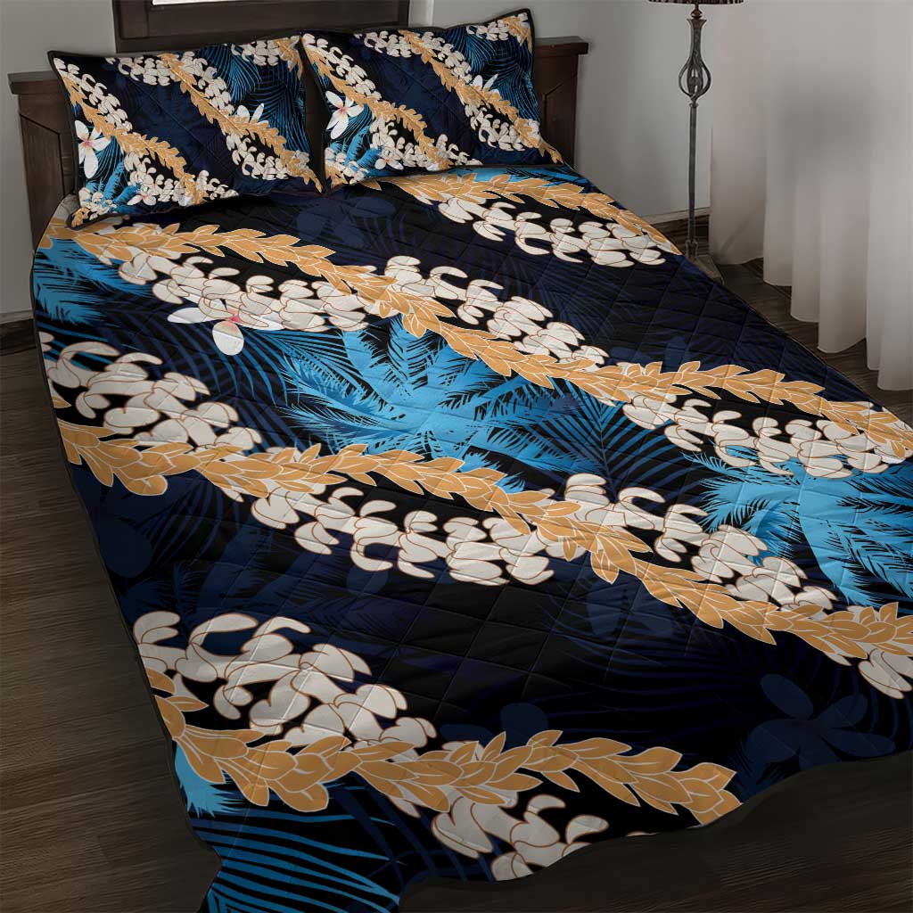 Puakenikeni Maile Lei Quilt Bed Set Frangipani Blue Tropical Leaves