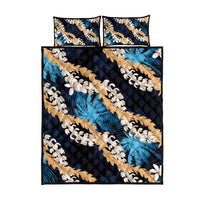 Puakenikeni Maile Lei Quilt Bed Set Frangipani Blue Tropical Leaves