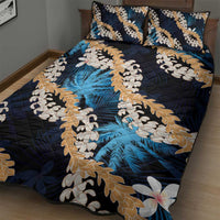 Puakenikeni Maile Lei Quilt Bed Set Frangipani Blue Tropical Leaves