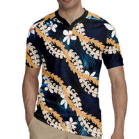 Puakenikeni Maile Lei Rugby Jersey Frangipani Blue Tropical Leaves