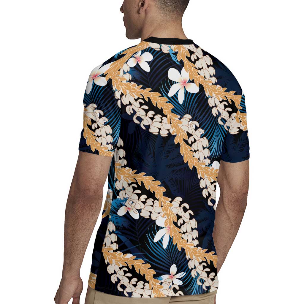 Puakenikeni Maile Lei Rugby Jersey Frangipani Blue Tropical Leaves