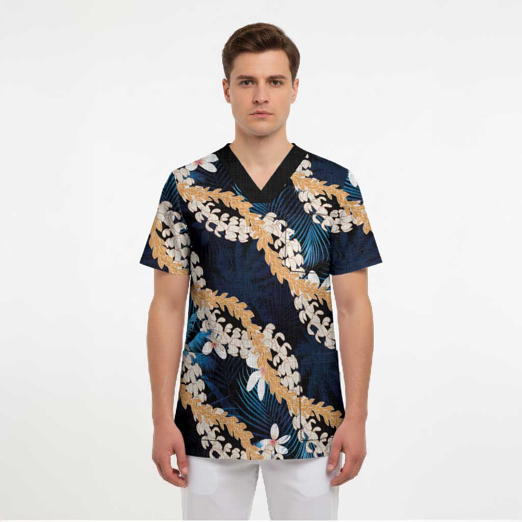 Puakenikeni Maile Lei Scrub Top Frangipani Blue Tropical Leaves