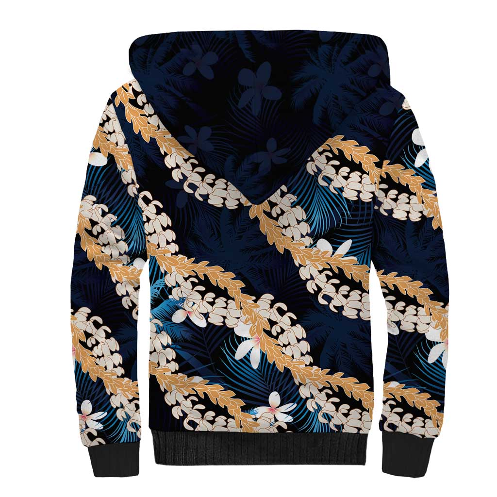 Puakenikeni Maile Lei Sherpa Hoodie Frangipani Blue Tropical Leaves