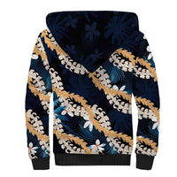 Puakenikeni Maile Lei Sherpa Hoodie Frangipani Blue Tropical Leaves