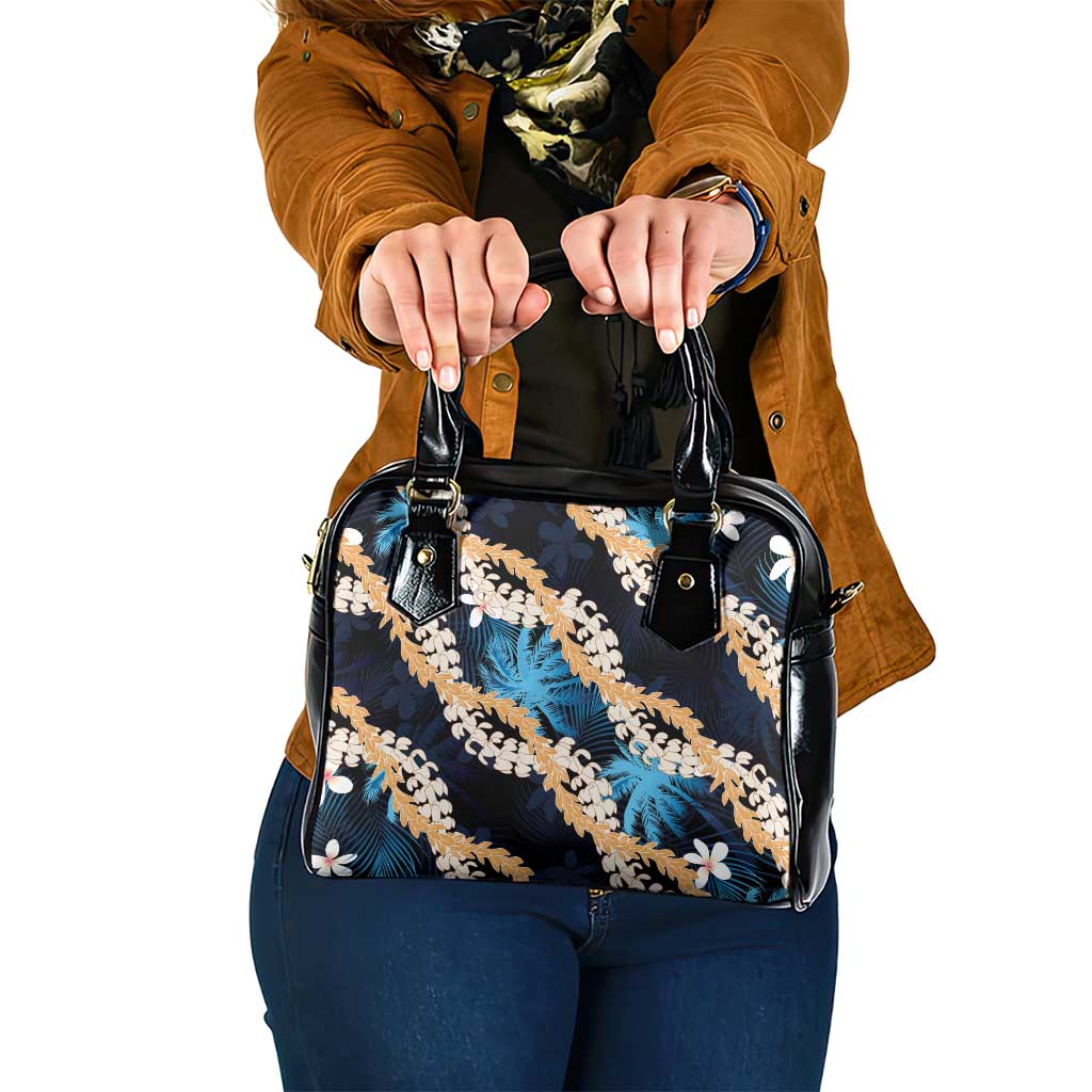 Puakenikeni Maile Lei Shoulder Handbag Frangipani Blue Tropical Leaves