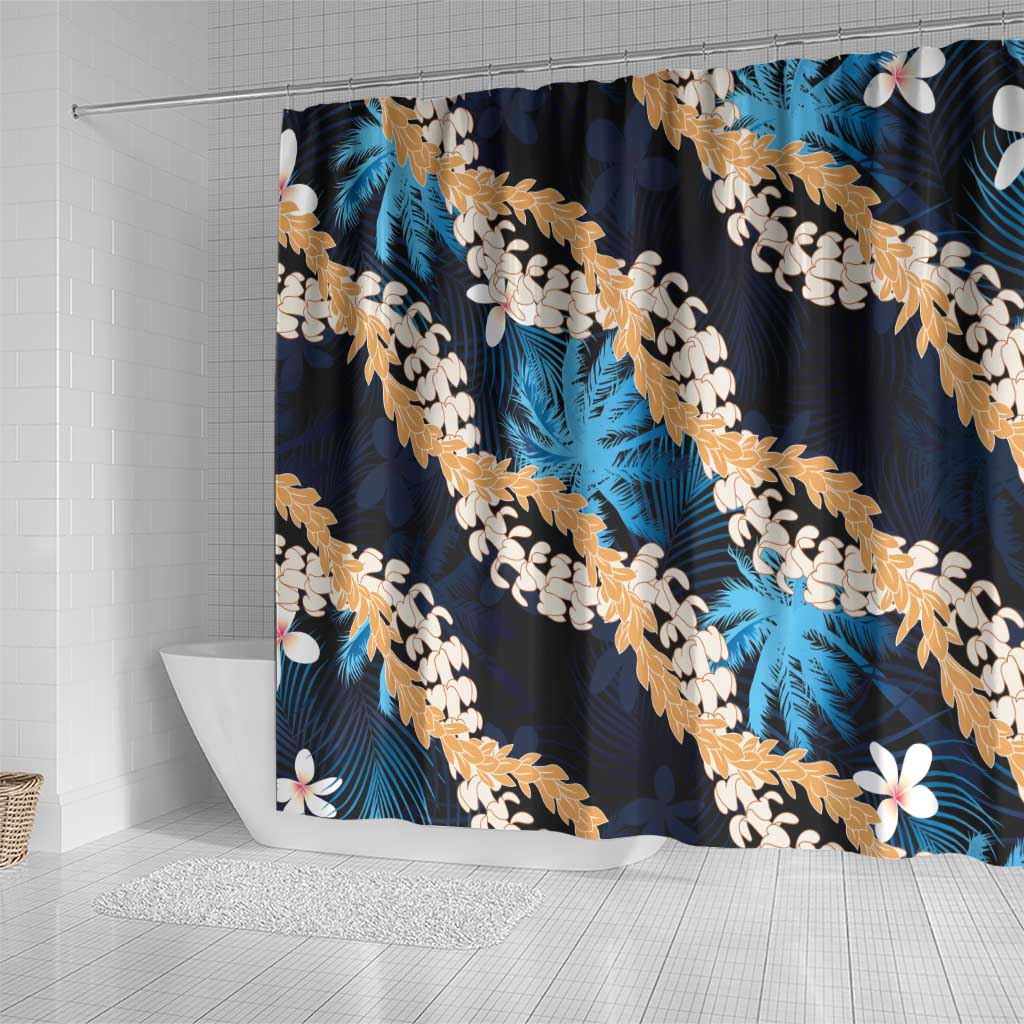 Puakenikeni Maile Lei Shower Curtain Frangipani Blue Tropical Leaves