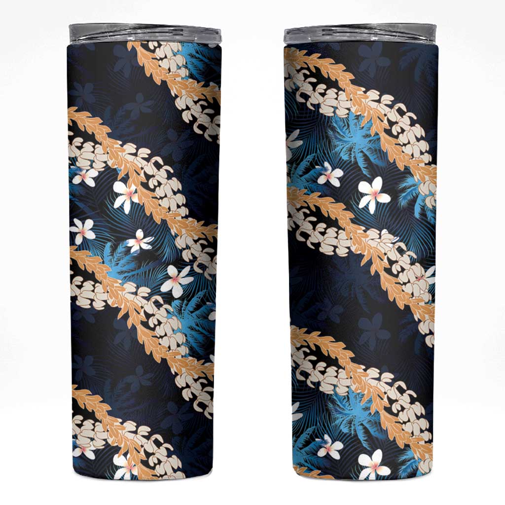 Puakenikeni Maile Lei Skinny Tumbler Frangipani Blue Tropical Leaves LT01 Blue - Polynesian Pride
