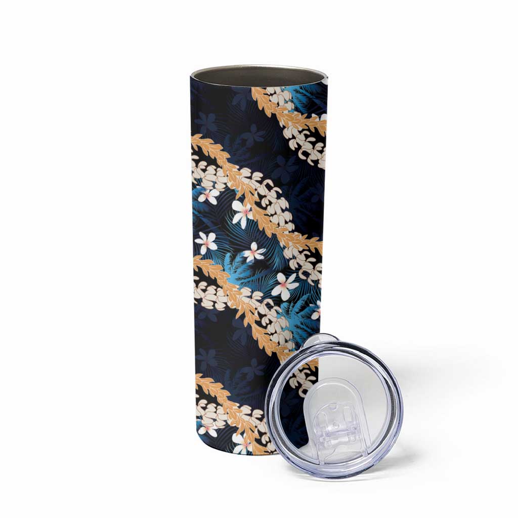 Puakenikeni Maile Lei Skinny Tumbler Frangipani Blue Tropical Leaves LT01 - Polynesian Pride