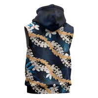 Puakenikeni Maile Lei Sleeveless Hoodie Frangipani Blue Tropical Leaves LT01 - Polynesian Pride