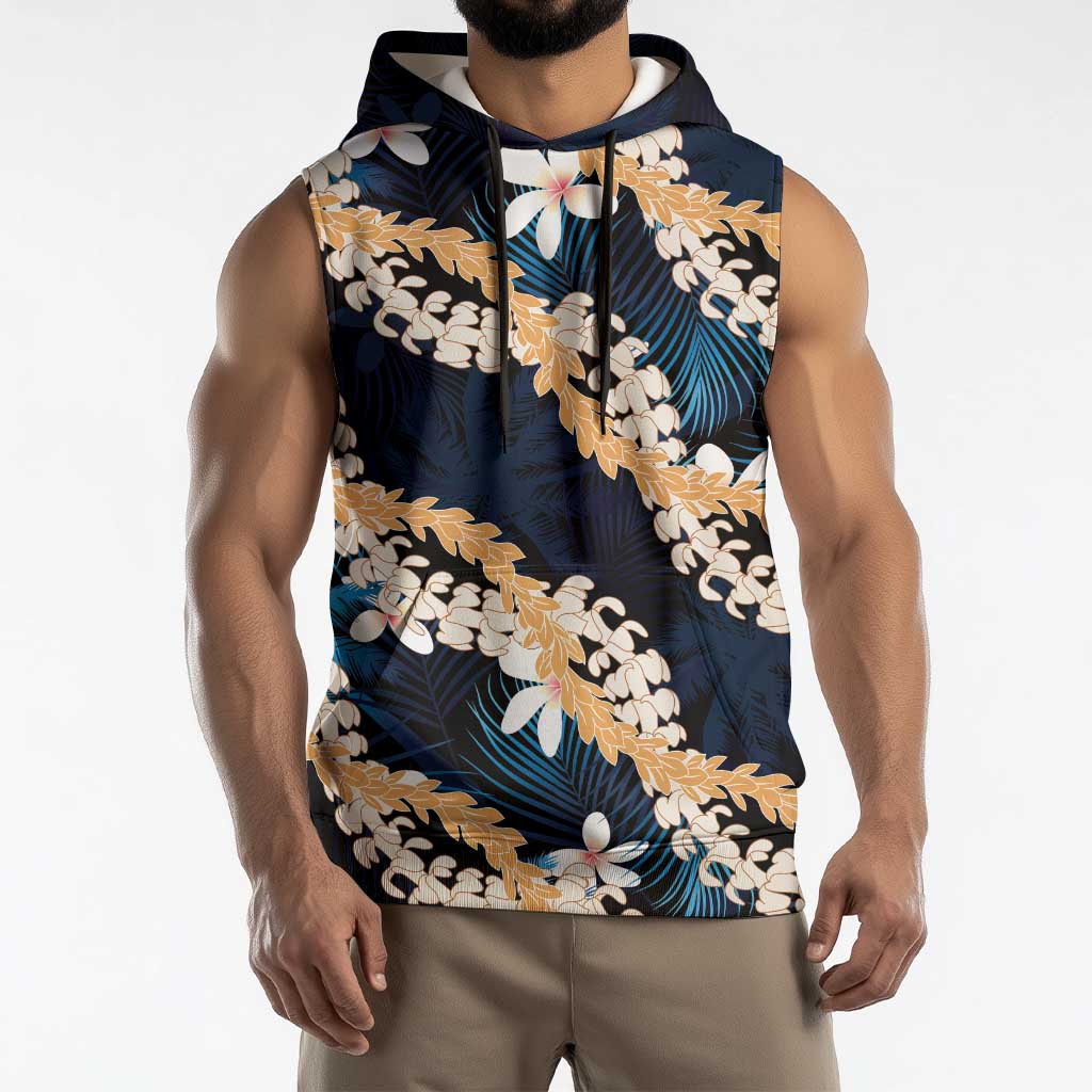 Puakenikeni Maile Lei Sleeveless Hoodie Frangipani Blue Tropical Leaves LT01 - Polynesian Pride