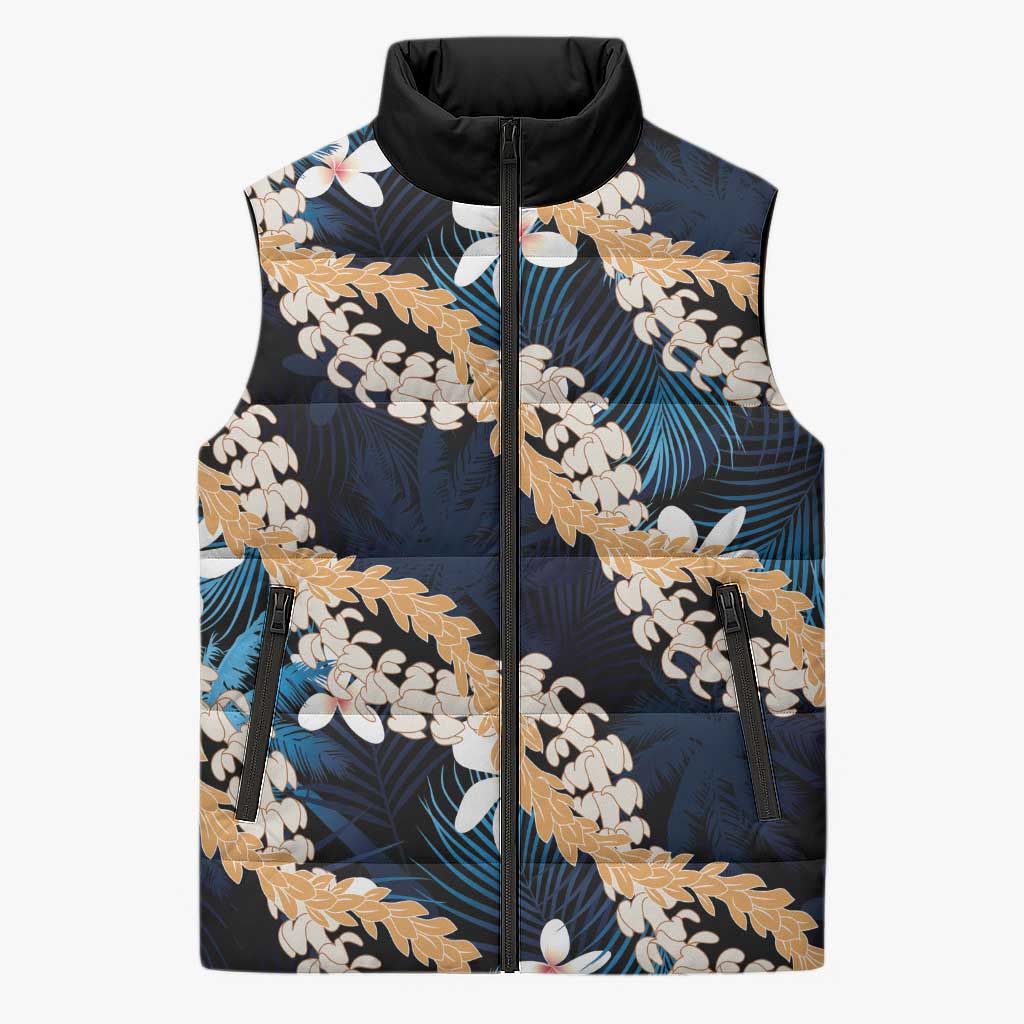 Puakenikeni Maile Lei Sleeveless Puffer Jacket Frangipani Blue Tropical Leaves LT01 Unisex Blue - Polynesian Pride