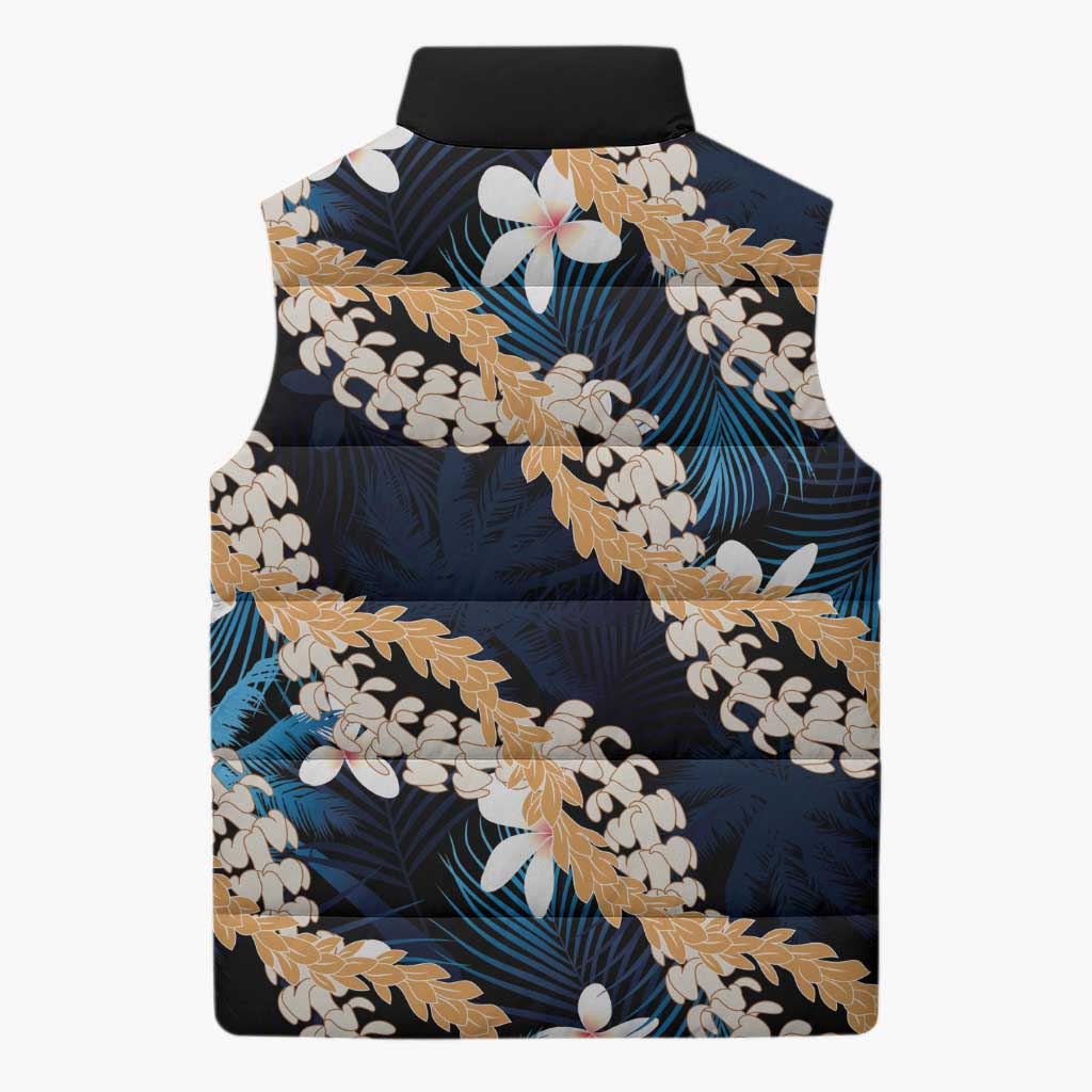 Puakenikeni Maile Lei Sleeveless Puffer Jacket Frangipani Blue Tropical Leaves