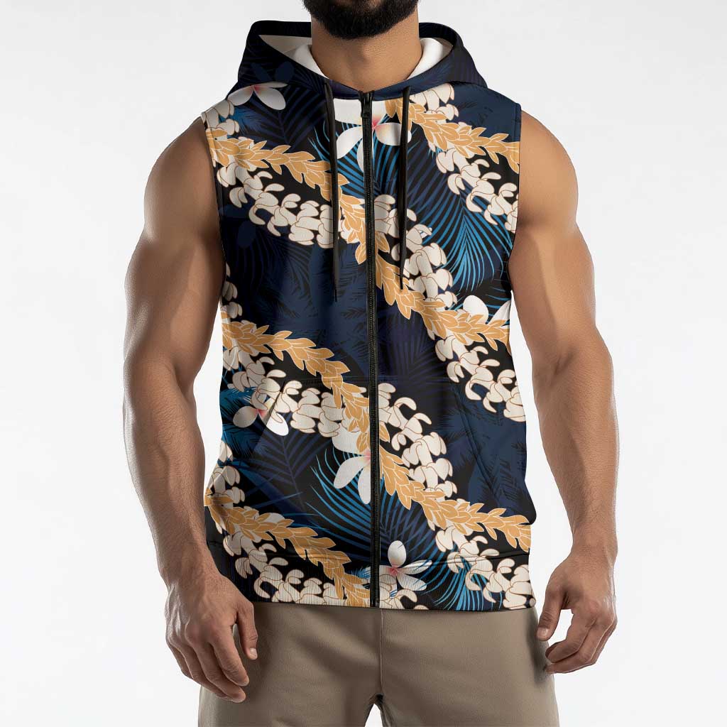 Puakenikeni Maile Lei Sleeveless Zip Hoodie Frangipani Blue Tropical Leaves LT01 - Polynesian Pride