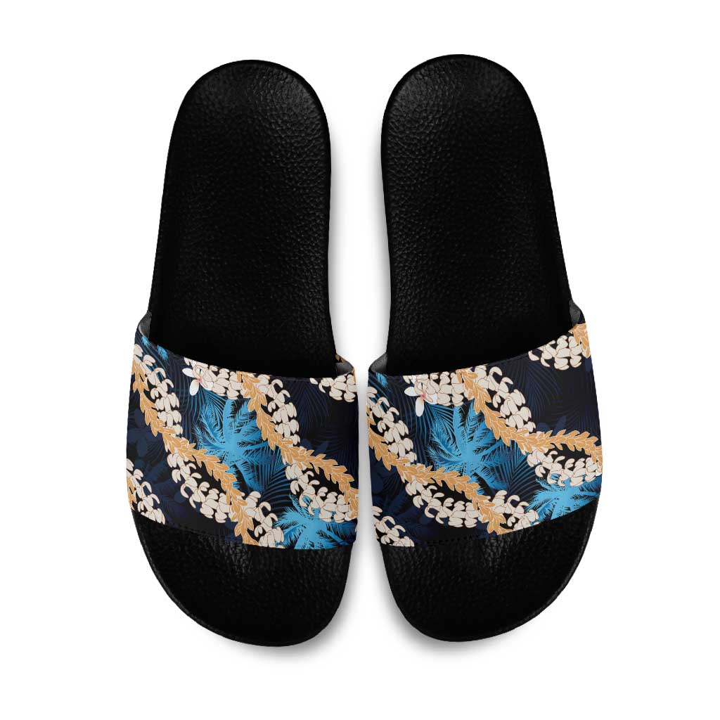 Puakenikeni Maile Lei Slide Sandals Frangipani Blue Tropical Leaves LT01 Blue - Polynesian Pride