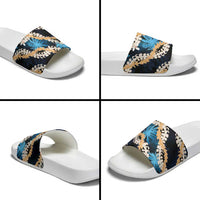 Puakenikeni Maile Lei Slide Sandals Frangipani Blue Tropical Leaves