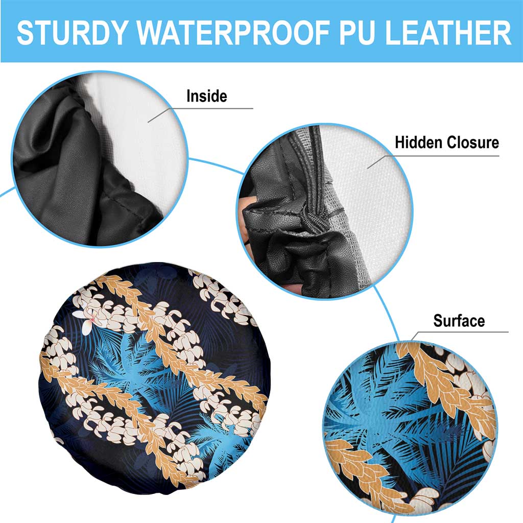 Puakenikeni Maile Lei Spare Tire Cover Frangipani Blue Tropical Leaves LT01 - Polynesian Pride