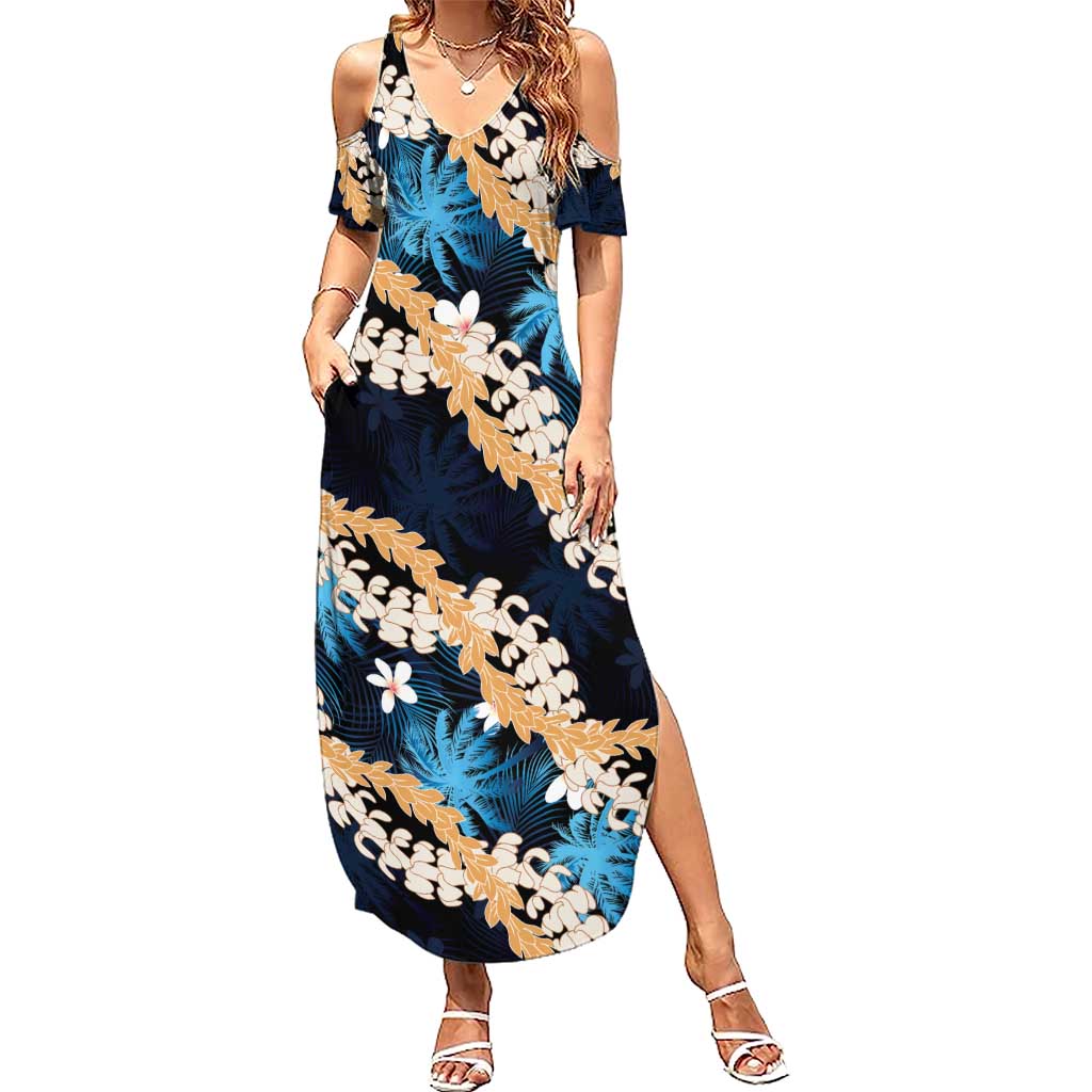 Puakenikeni Maile Lei Summer Maxi Dress Frangipani Blue Tropical Leaves