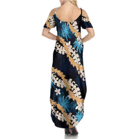 Puakenikeni Maile Lei Summer Maxi Dress Frangipani Blue Tropical Leaves