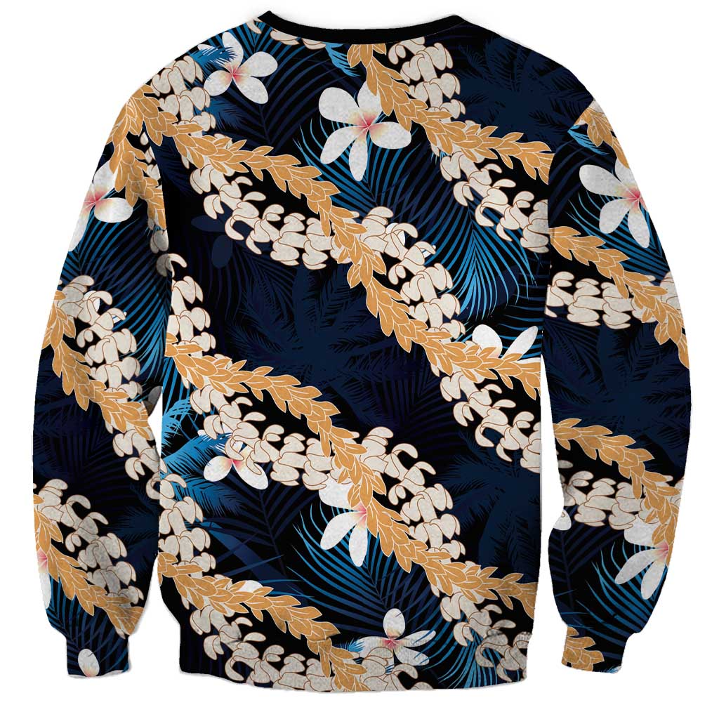 Puakenikeni Maile Lei Sweatshirt Frangipani Blue Tropical Leaves