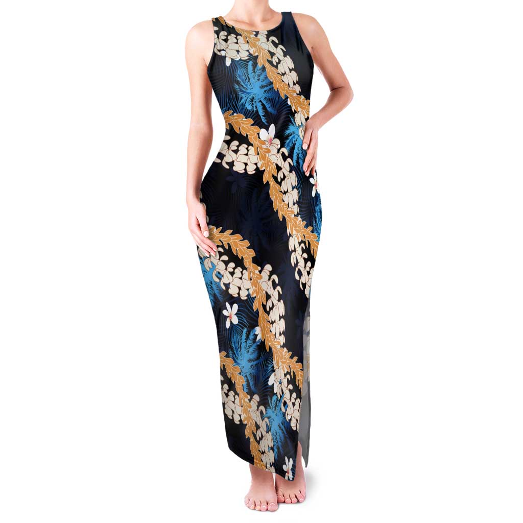 Puakenikeni Maile Lei Tank Maxi Dress Frangipani Blue Tropical Leaves LT01 Women Blue - Polynesian Pride