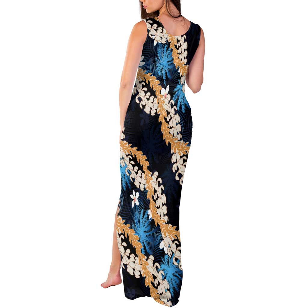 Puakenikeni Maile Lei Tank Maxi Dress Frangipani Blue Tropical Leaves LT01 - Polynesian Pride