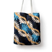 Puakenikeni Maile Lei Tote Bag Frangipani Blue Tropical Leaves