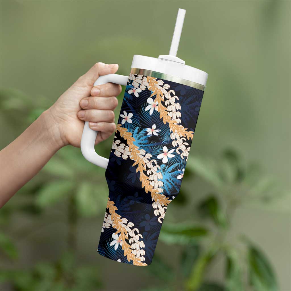 Puakenikeni Maile Lei Tumbler With Handle Frangipani Blue Tropical Leaves
