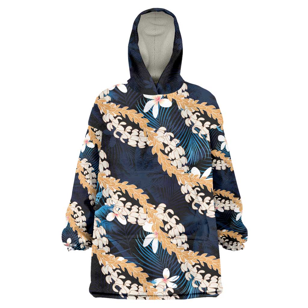 Puakenikeni Maile Lei Wearable Blanket Hoodie Frangipani Blue Tropical Leaves