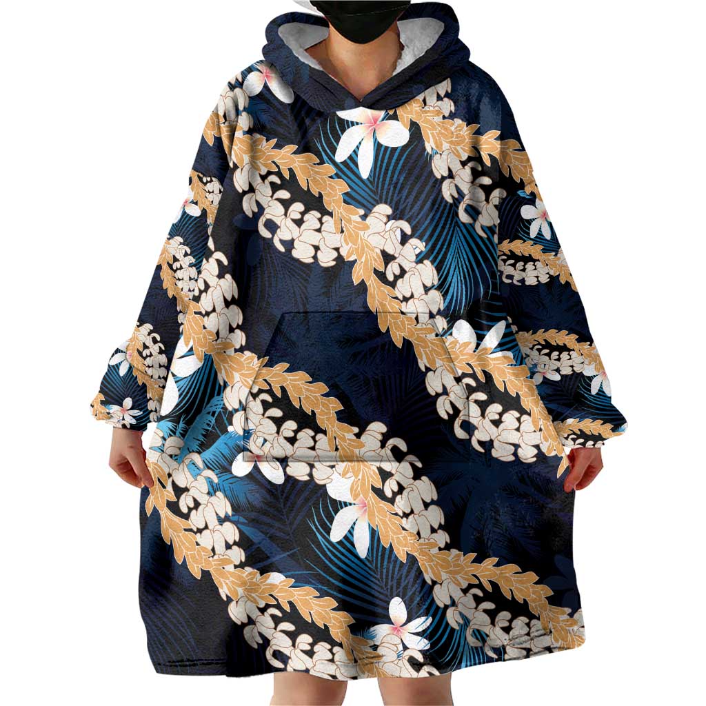 Puakenikeni Maile Lei Wearable Blanket Hoodie Frangipani Blue Tropical Leaves