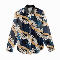 Puakenikeni Maile Lei Women Casual Shirt Frangipani Blue Tropical Leaves