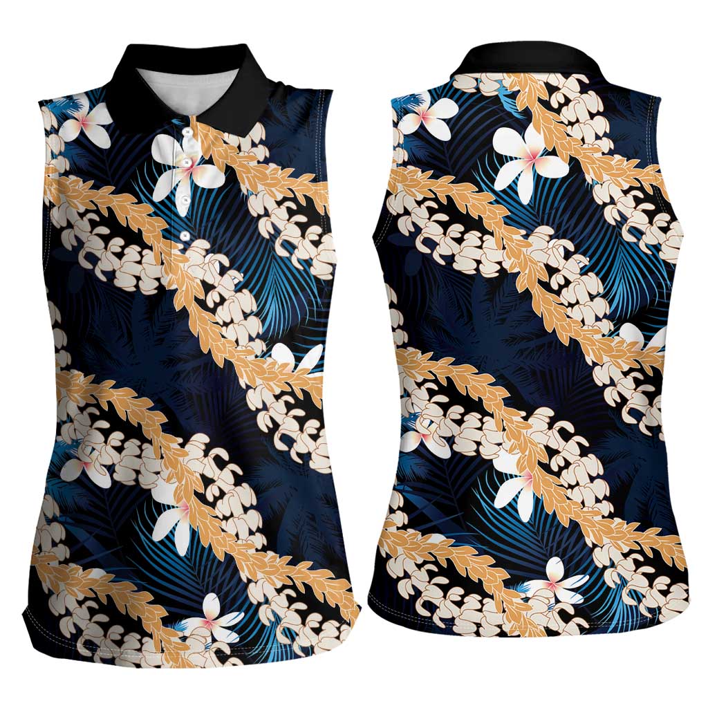 Puakenikeni Maile Lei Women Sleeveless Polo Shirt Frangipani Blue Tropical Leaves