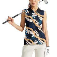 Puakenikeni Maile Lei Women Sleeveless Polo Shirt Frangipani Blue Tropical Leaves
