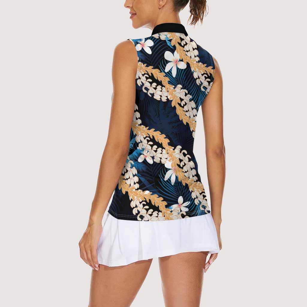 Puakenikeni Maile Lei Women Sleeveless Polo Shirt Frangipani Blue Tropical Leaves