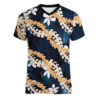 Puakenikeni Maile Lei Women V-Neck T-Shirt Frangipani Blue Tropical Leaves LT01 Female Blue - Polynesian Pride