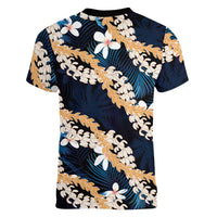 Puakenikeni Maile Lei Women V-Neck T-Shirt Frangipani Blue Tropical Leaves LT01 - Polynesian Pride