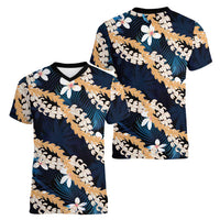 Puakenikeni Maile Lei Women V-Neck T-Shirt Frangipani Blue Tropical Leaves LT01 - Polynesian Pride