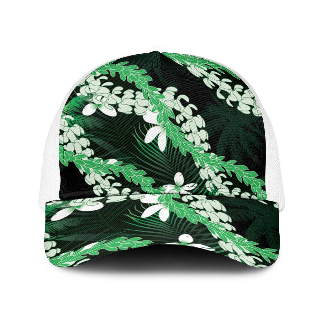 Puakenikeni Maile Lei Baseball Net Cap Frangipani Green Tropical Leaves LT01 One Size White Green - Polynesian Pride