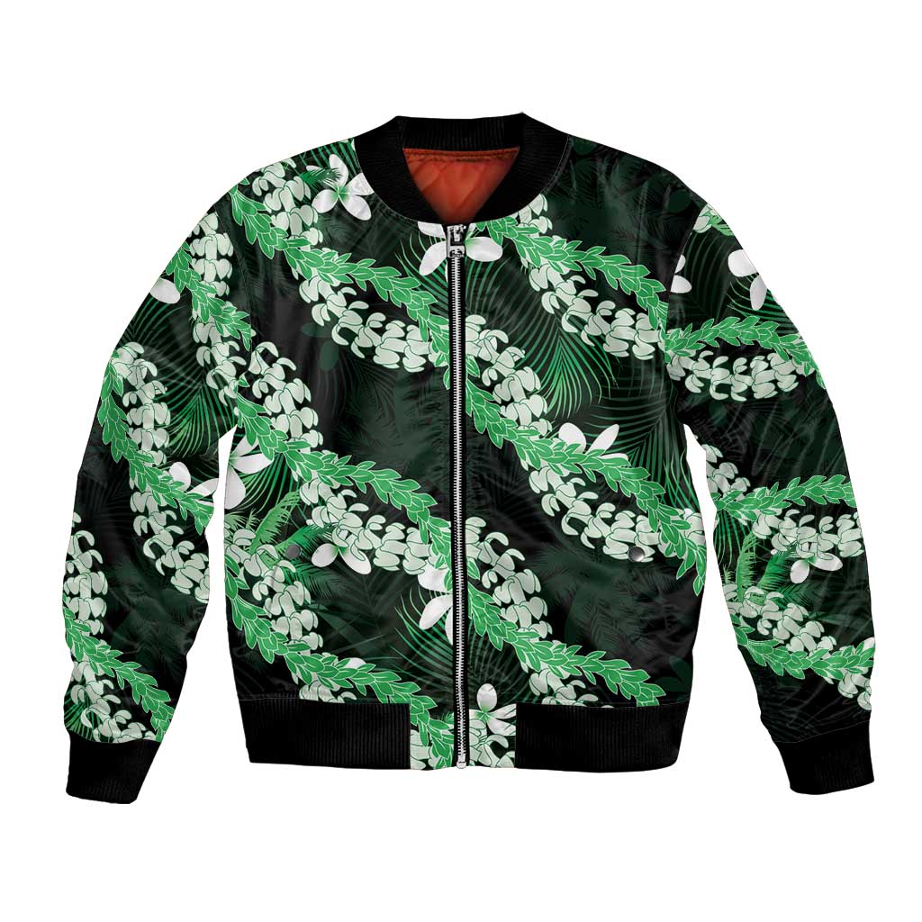 Puakenikeni Maile Lei Bomber Jacket Frangipani Green Tropical Leaves