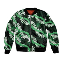 Puakenikeni Maile Lei Bomber Jacket Frangipani Green Tropical Leaves