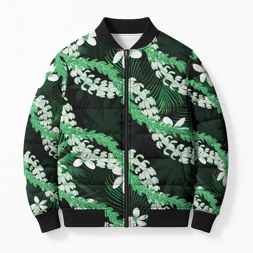 Puakenikeni Maile Lei Bomber Puffer Jacket Frangipani Green Tropical Leaves LT01 Unisex Green - Polynesian Pride