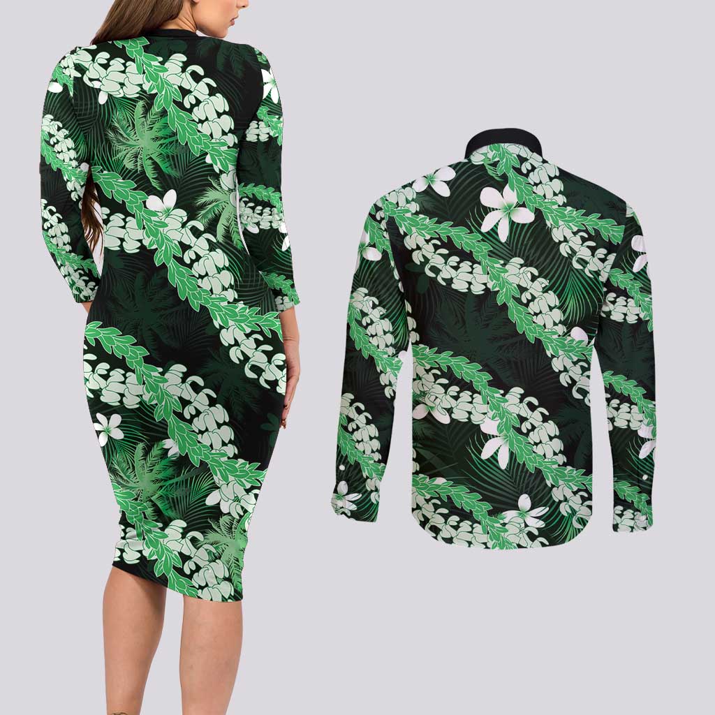 Puakenikeni Maile Lei Couples Matching Long Sleeve Bodycon Dress and Long Sleeve Button Shirt Frangipani Green Tropical Leaves