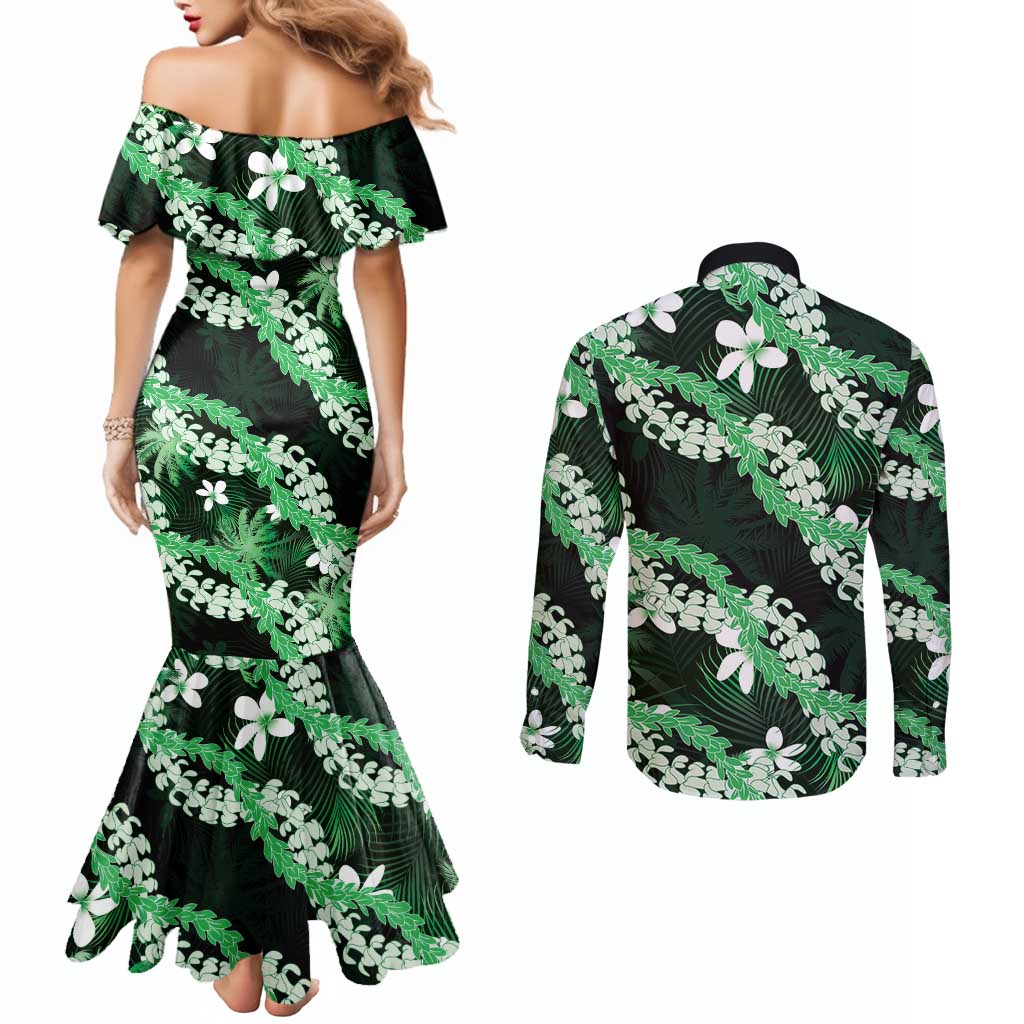 Puakenikeni Maile Lei Couples Matching Mermaid Dress and Long Sleeve Button Shirt Frangipani Green Tropical Leaves