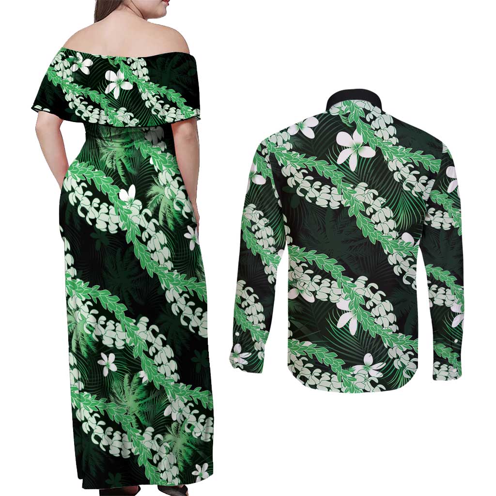 Puakenikeni Maile Lei Couples Matching Off Shoulder Maxi Dress and Long Sleeve Button Shirt Frangipani Green Tropical Leaves