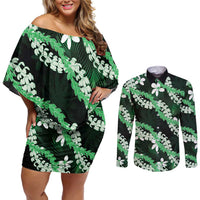 Puakenikeni Maile Lei Couples Matching Off Shoulder Short Dress and Long Sleeve Button Shirt Frangipani Green Tropical Leaves