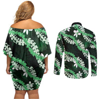 Puakenikeni Maile Lei Couples Matching Off Shoulder Short Dress and Long Sleeve Button Shirt Frangipani Green Tropical Leaves