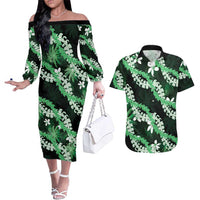 Puakenikeni Maile Lei Couples Matching Off The Shoulder Long Sleeve Dress and Hawaiian Shirt Frangipani Green Tropical Leaves LT01 Green - Polynesian Pride