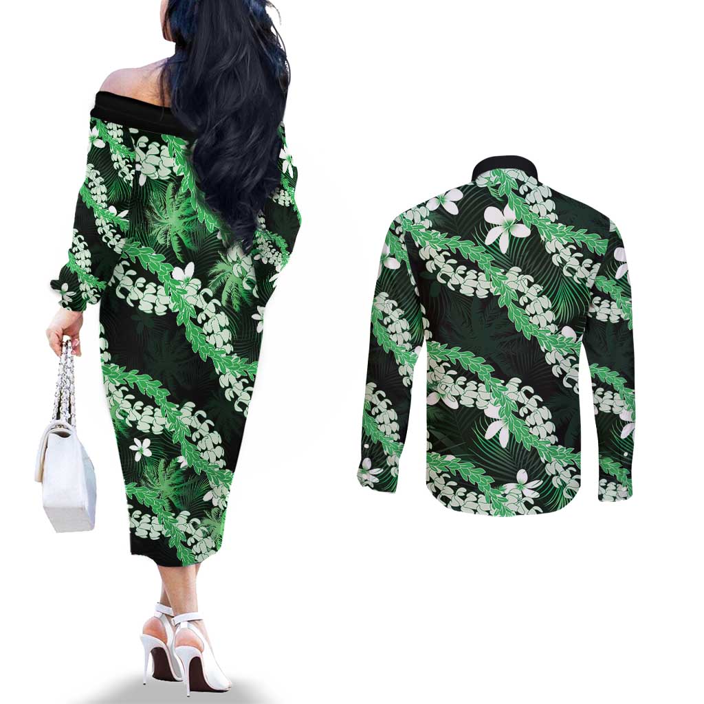 Puakenikeni Maile Lei Couples Matching Off The Shoulder Long Sleeve Dress and Long Sleeve Button Shirt Frangipani Green Tropical Leaves