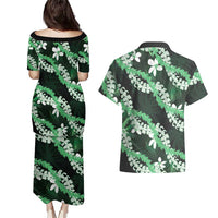 Puakenikeni Maile Lei Couples Matching Puletasi and Hawaiian Shirt Frangipani Green Tropical Leaves