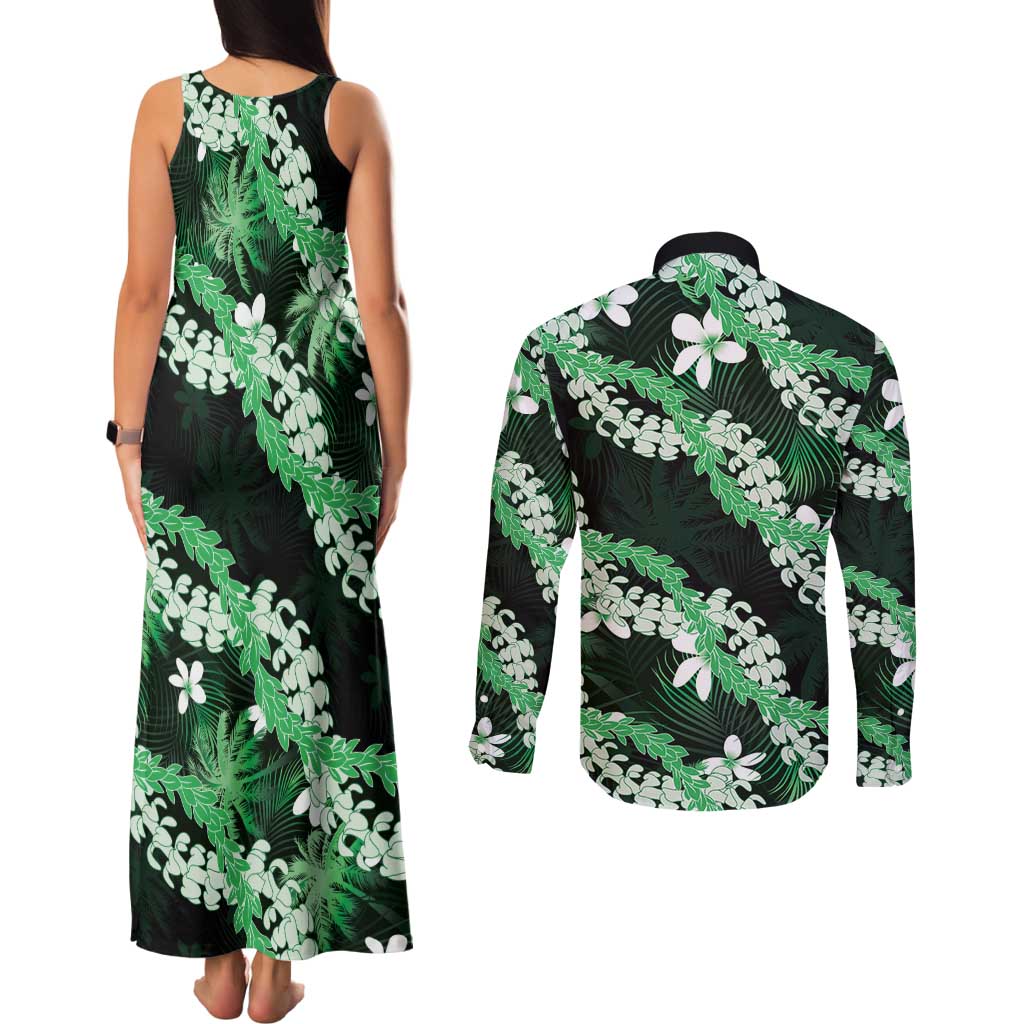 Puakenikeni Maile Lei Couples Matching Tank Maxi Dress and Long Sleeve Button Shirt Frangipani Green Tropical Leaves